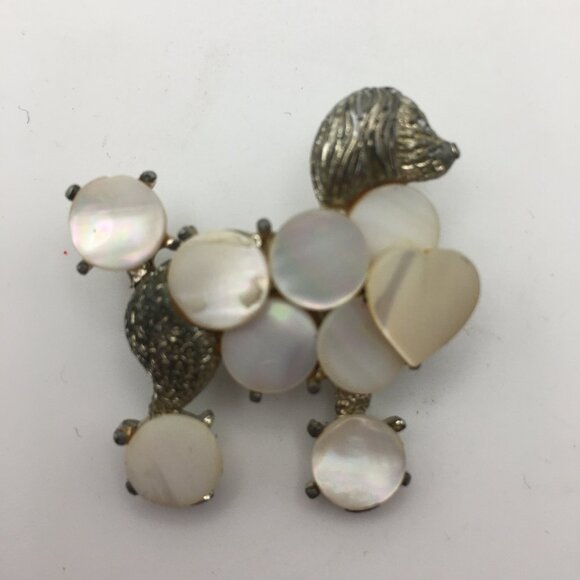 Poodle Brooch Mother Of Pearl Circles Discs Shell Pin 3D 1950s Vintage Fancy - Picture 1 of 11
